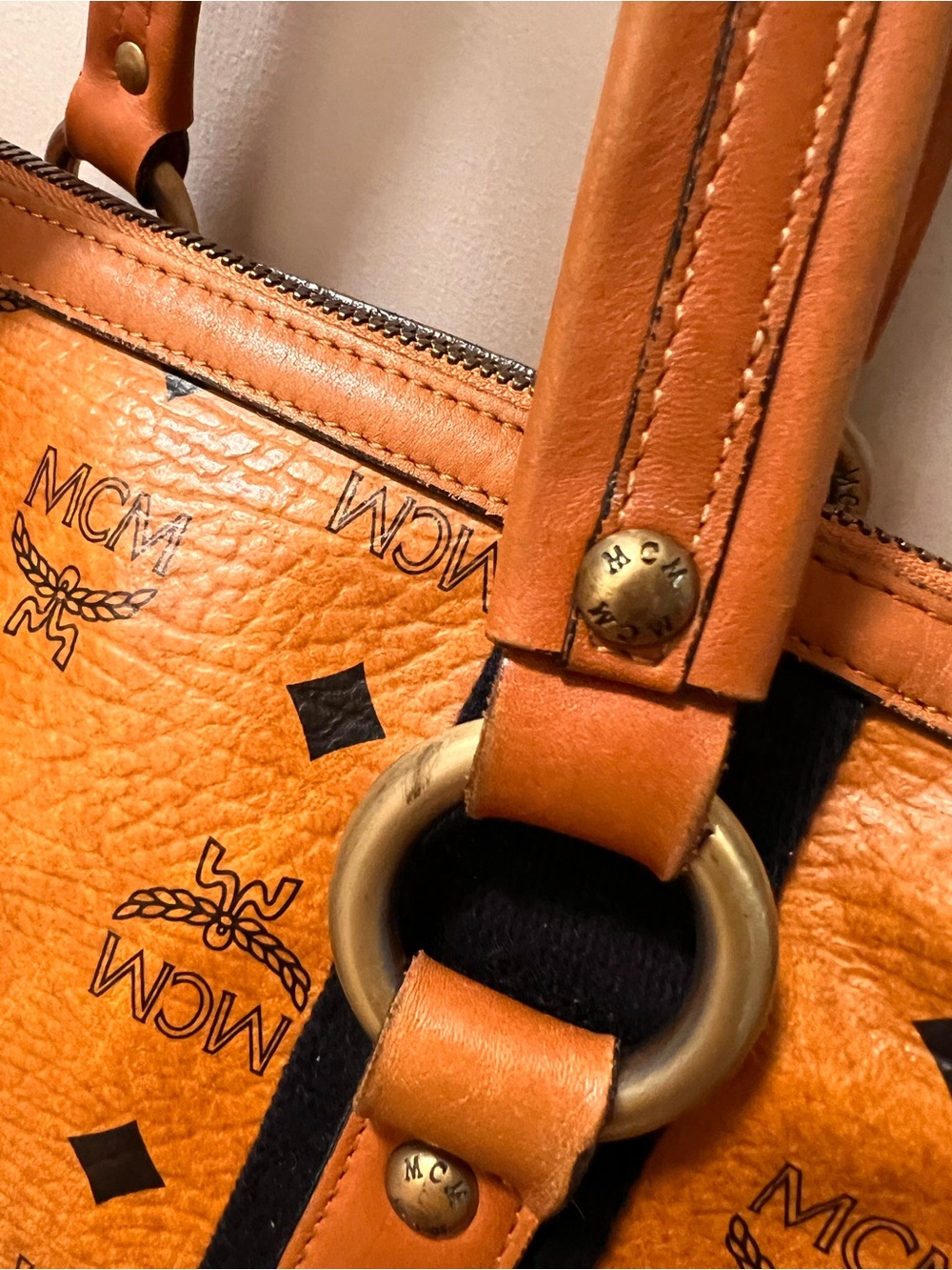 MCM Cognac Monogram Barrel Satchel with Gold Hardware - Picture 6 of 11